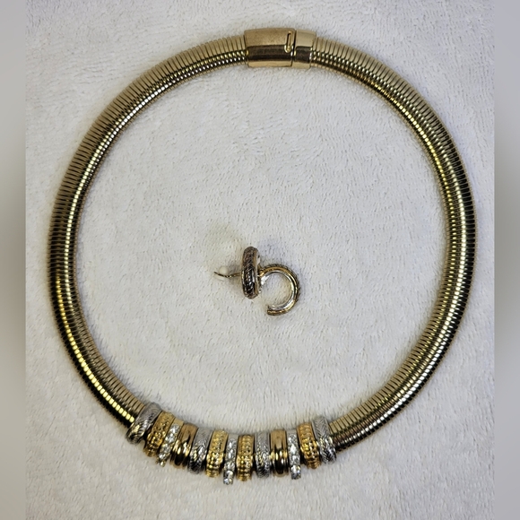 Gold and Rhinestone Necklace and Earrings Set  / Clip-on - Picture 2 of 5